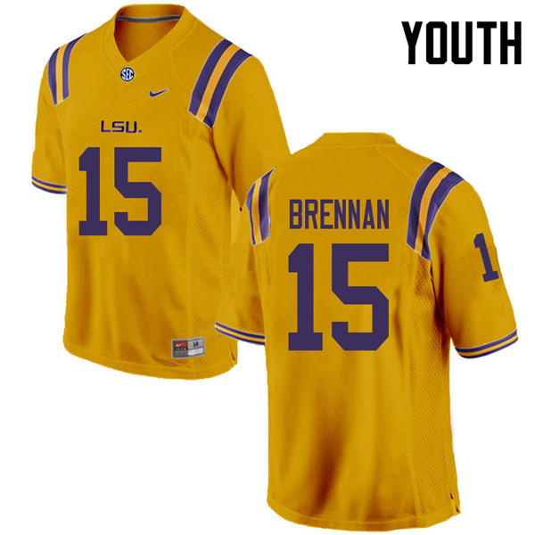 Youth #15 Myles Brennan LSU Tigers College Football Jerseys Sale-Gold